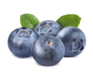 Fresh ripe blueberries with green leaves isolated on white