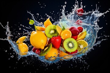 AI Generated Photo of colorful fruit splatter on a plain background splash of juice