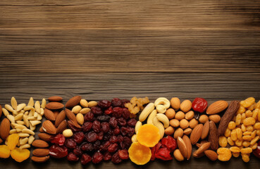 Dry Fruits on Wooden Background: Natural Display with Blank Empty Space (Generative AI)

