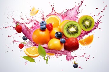 Fototapeta na wymiar AI Generated Photo of colorful fruit splatter on a plain background splash of juice