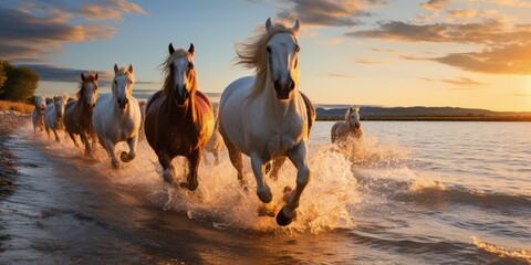 Free Roaming Horses With Little Ones At Early Morning Sunrise. Generative AI - obrazy, fototapety, plakaty