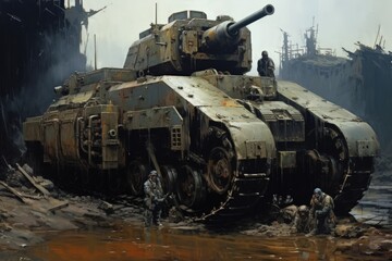 Fototapeta na wymiar a Massive Tank Stuck In Mud Ready For War. Generative AI