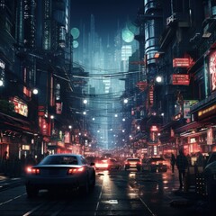 Fototapeta na wymiar Busy Cyberpunk City Street Background. Generative AI