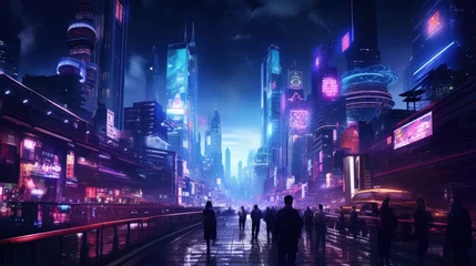 Keuken foto achterwand Aquarelschilderij wolkenkrabber Cyberpunk City Street, Night View, Futuristic City, Neon Light. Generative AI