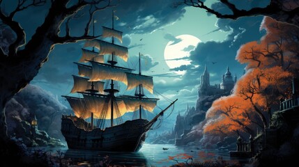 Beautiful Enchanting Fairy Tale Woodland Onto a Castle And a Sailing Ship. Generative AI