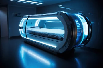 Deurstickers Schoonheidssalon a cylindrical, futuristic hyperbaric chamber with a hinged door. Generative AI