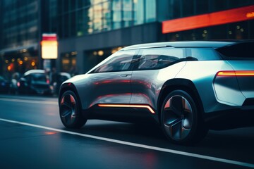 Plakat Futuristic Electric Suv Car Outside On Modern City Street Out Of Focus. Generative AI