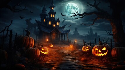Fototapeta na wymiar Festive And Spooky Spirit Of Halloween, Pumpkin Dark Background. Generative AI