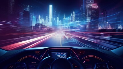 View Behind The Steering Wheel And The Dashboard Of a Modern Futuristic Car. Generative AI