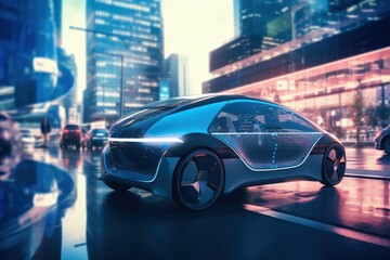 Futuristic Electric Liftback Car Outside On Modern City Street Out Of Focus. Generative AI