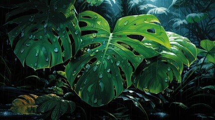 Fototapeta na wymiar Epic Varigated Monstera Leaf Water Drops. Generative AI