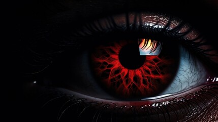 Dark Red Evil Eye Staring In The Darkness. Generative AI