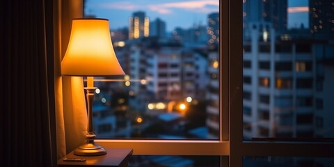 cozy evening room ,lamp on window top with view on night city buildings   
