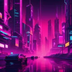 Fotobehang Cyberpunk neon night city scene with road and cars futuristic stylized sci-fi illustration image © Denny