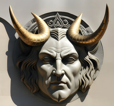 Illustration of ancient demon evil face statue. Generative AI.