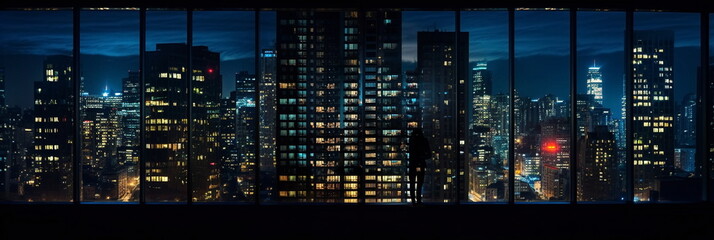 night city buildings windows with  blurred  light  and people siluetthe urban lifestyle 
