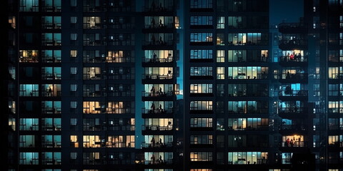 Fototapeta na wymiar night city buildings windows with blurred light and people siluetthe urban lifestyle 