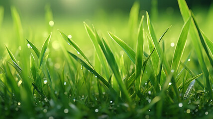 Obraz premium Emerald Dewdrops: Capturing the Sparkle of Fresh Grass. AI Generative, Midjourney.