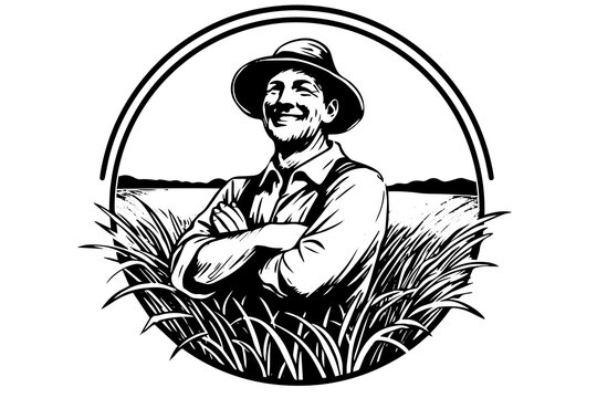 Happy farmer in hat engraving style. Hand drawn ink sketch. Vector logotype illustration.