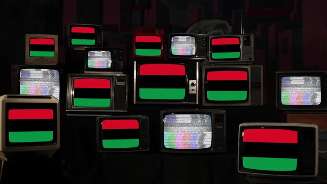 Pan-African Flag and Vintage Televisions. 4K Resolution.