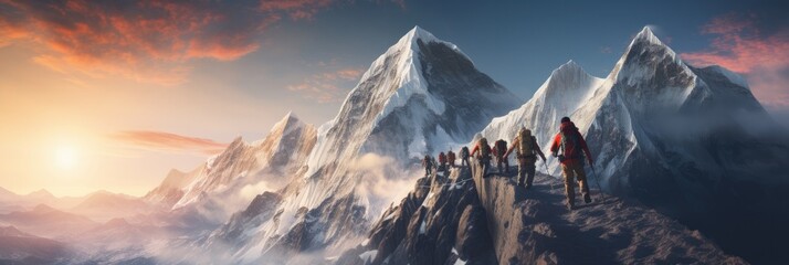 illustration of a group of determined mountaineers equipped with climbing gear, generative AI - obrazy, fototapety, plakaty