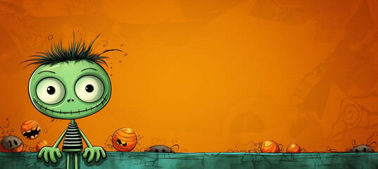 Creepy Cartoon Halloween Monster on Green Background with Copy Space