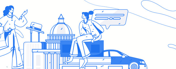 Holiday travel travel characters internet background vector hand drawn illustration
