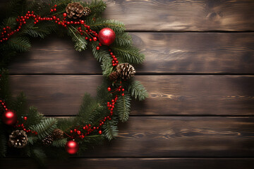 Wreath Christmas with fir branches and cones on wood background, AI generate