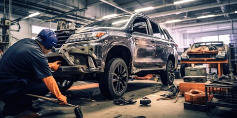collision repair technicians are concentrating on repairing vehicles in the workshop, generative AI - obrazy, fototapety, plakaty