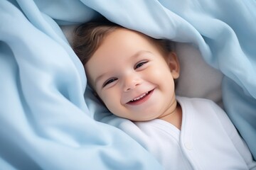 Close-up portrait of a cute joyful innocent fictional baby smiling in a bed. Generative AI.