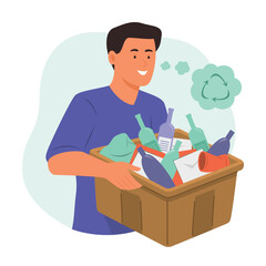 Man Holding a Box of Garbage for Sorting and Recycle Concept Illustration