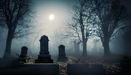Creepy atmosphere in the cemetery with tombstone in the night, fog and trees that live twigs - obrazy, fototapety, plakaty