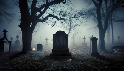 Creepy atmosphere in the cemetery with tombstone in the night, fog and trees that live twigs