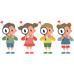 虫眼鏡を持った子供のイラストセット