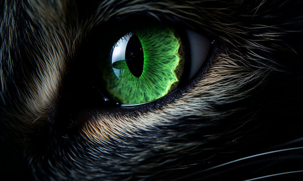 Piercing Emerald Eye: Mesmerizing gaze of a feline with a captivating green iris on a noir background