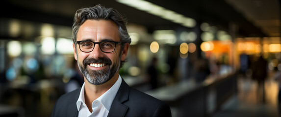 Portrait of attractive and confident business man with beard and glasses, smiling at camera with bokeh lights background - Leadership concept - Copy space