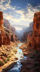a majestic red rock canyon with a flowing river - obrazy, fototapety, plakaty