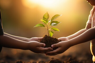 AI Generated hand children holding young plant with sunlight on green nature background. concept eco earth day