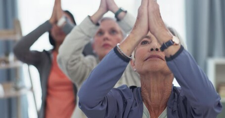 Old women, friends and yoga, meditation and wellness with mindfulness, zen and prayer pose in class. Female people, exercise and happy, holistic and healing with health, calm and peace with namaste