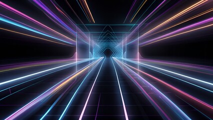neon line perspective, abstract geometric neon background, rainbow rays, speed of light, glowing lines