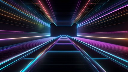 neon line perspective, abstract geometric neon background, rainbow rays, speed of light, glowing lines