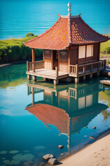 realistic image of beautiful oriental, asian style house, on the edge of a lake, with reflection, with high resolution, decorative frames, t-shirts, generated by AI