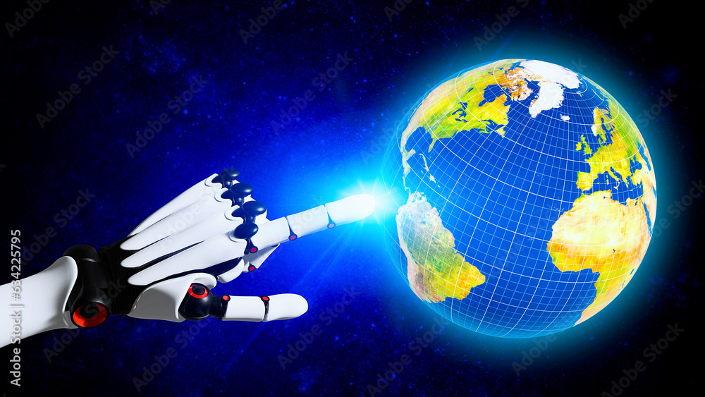 Aufkleber robot hand pointing planet earth. global network.