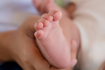 Obraz na płótnie Canvas baby feet,Parents hold newborn baby in hands and feet