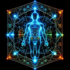 Abstract fractal yoga meditation man woman in universe cosmic space energy stylized symbolic realistic image