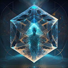 Human in hyper-space tesseract 4 dimension hypercube Universe space abstract realistic illustration