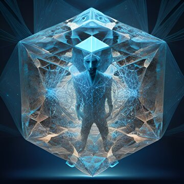 Human in hyper-space tesseract 4 dimension hypercube Universe space abstract realistic illustration