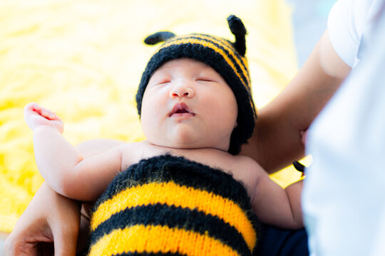 Asian Baby Girl dress in a bee costume,baby in bee costume,newborn baby in bee costume. newborn baby concept shot,