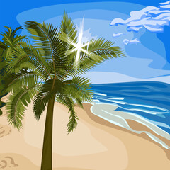 Palm with sun rays through foliage on beach.
Vector illustration of palm tree on sea beach with bright sun breaking through the leaves. Image of tropical palm tree, beach and sea in vector. 