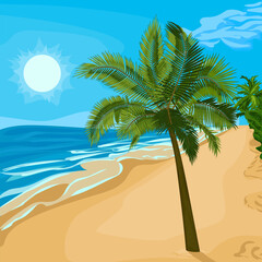 Fototapeta na wymiar Palm tree on sandy beach. Vector illustration of palm tree on sea beach. Image of tropical palm tree, beach and sea in vector. Illustrations of trees and places for summer holidays. 